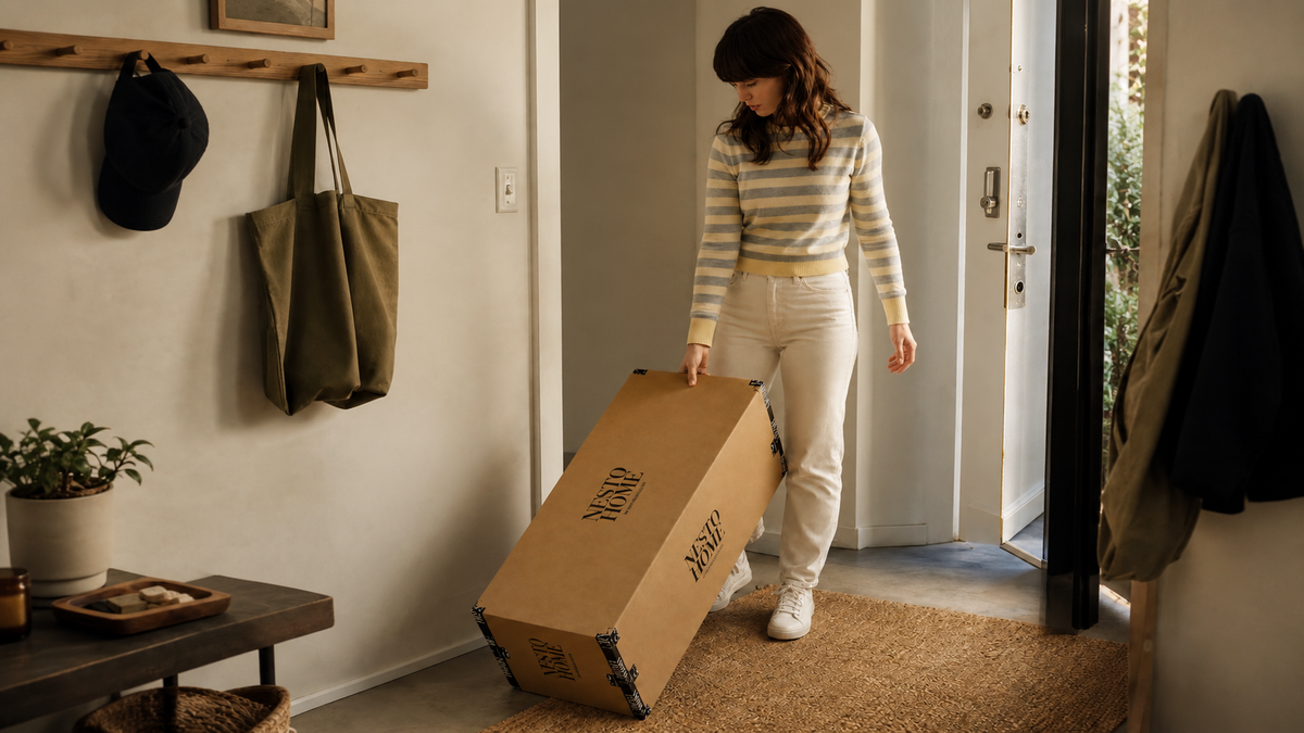Pumpkin Loveseat — person rolling the delivery box