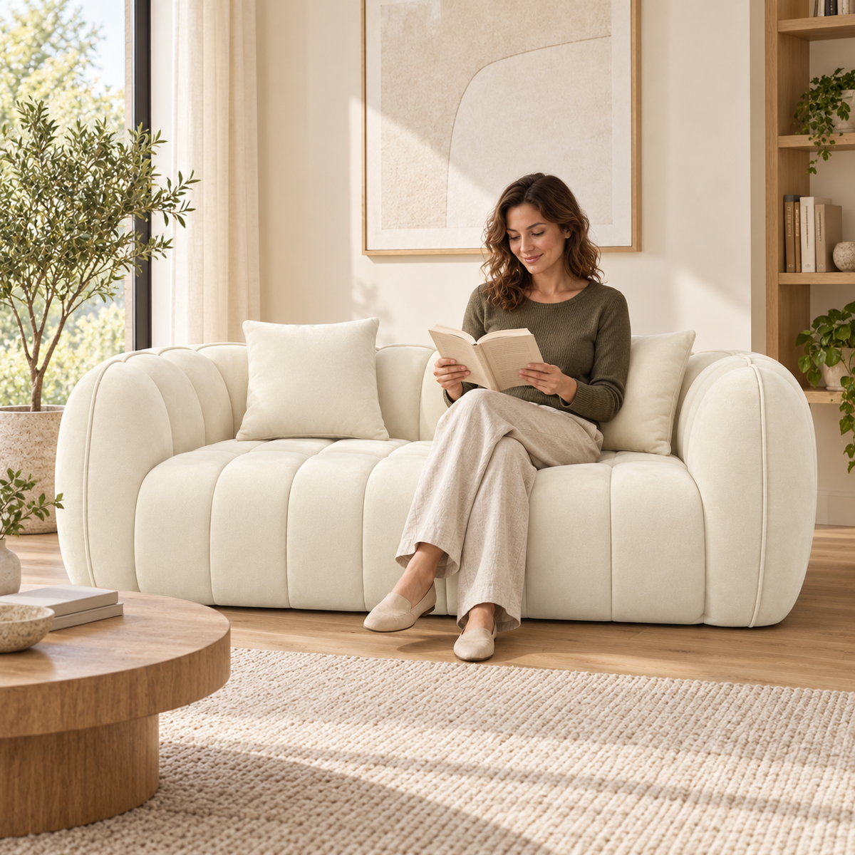 Pumpkin Loveseat — room scene with a person
