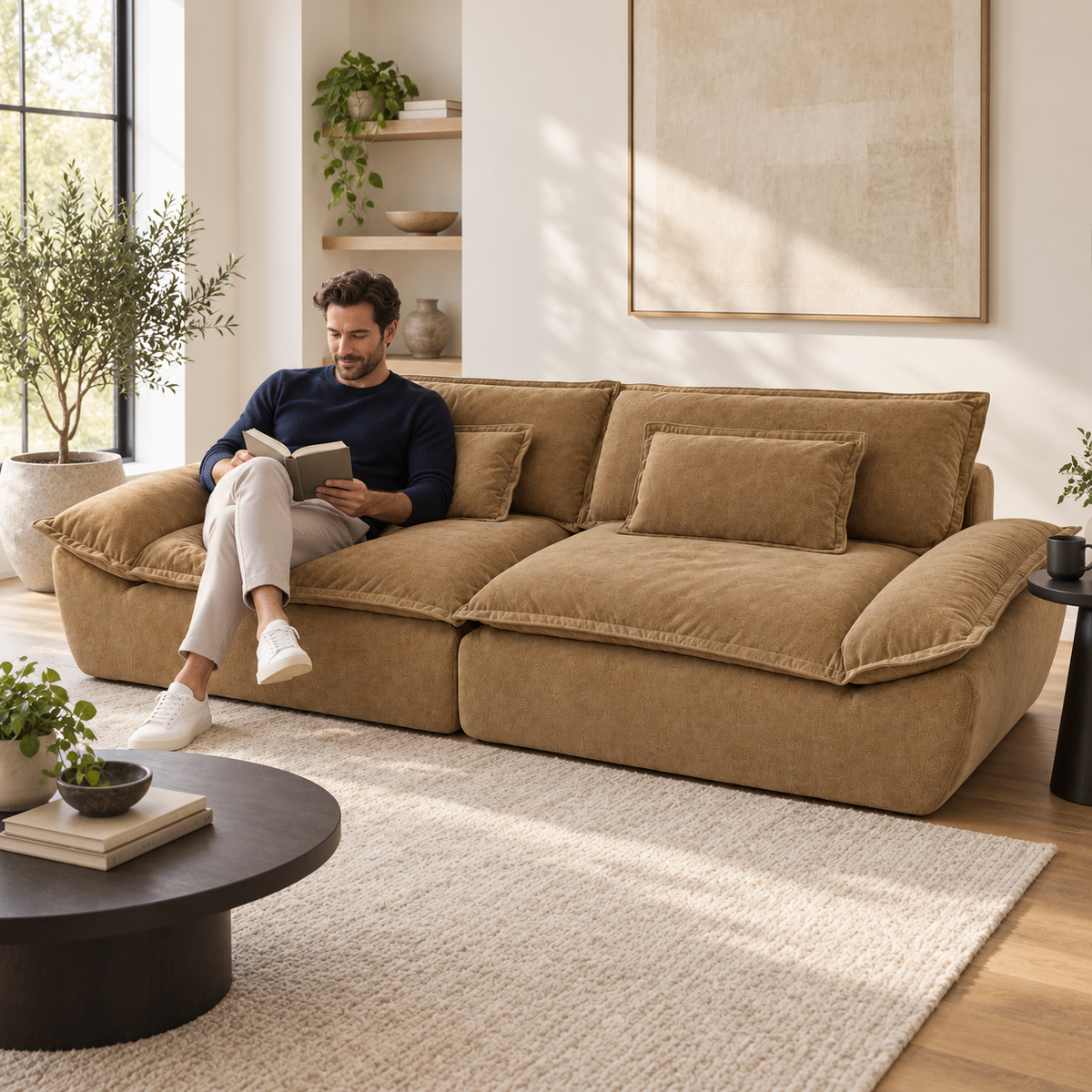 Sailboat Sofa — room scene with a person